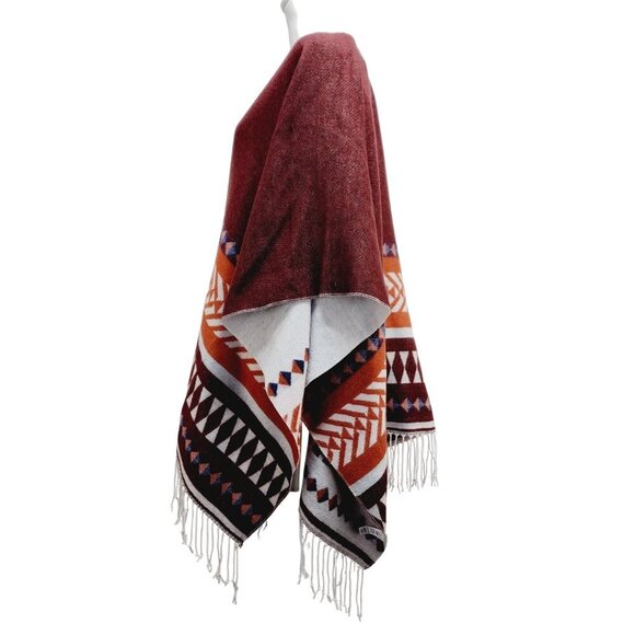 Loft Outlet Reversible Wrap Poncho With Fringe Geometric Print  one Size - Picture 10 of 12